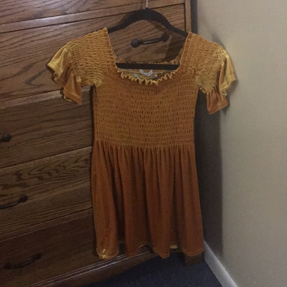 Velvet goldenrod yellow off the shoulder dress